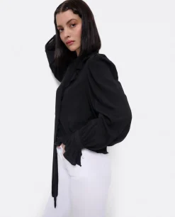 Camisas Y Tops*Cuplé Blusa Lazo Cuello Punto Negro