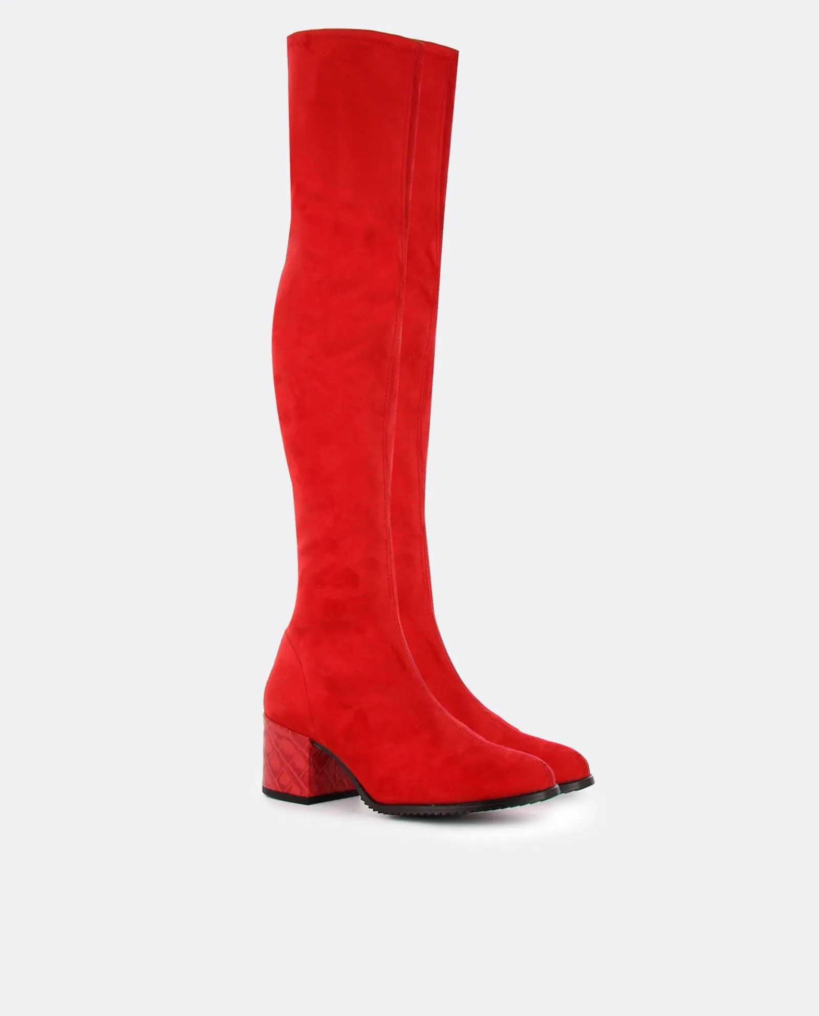 Botas Y Botines*Cuplé Bota Mosquetera Suede Strech Rojo Tacón Coco Rojo
