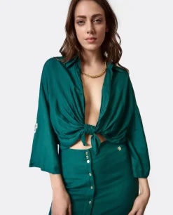 Camisas Y Tops*Cuplé Camisa Con Nudo Lino Verde