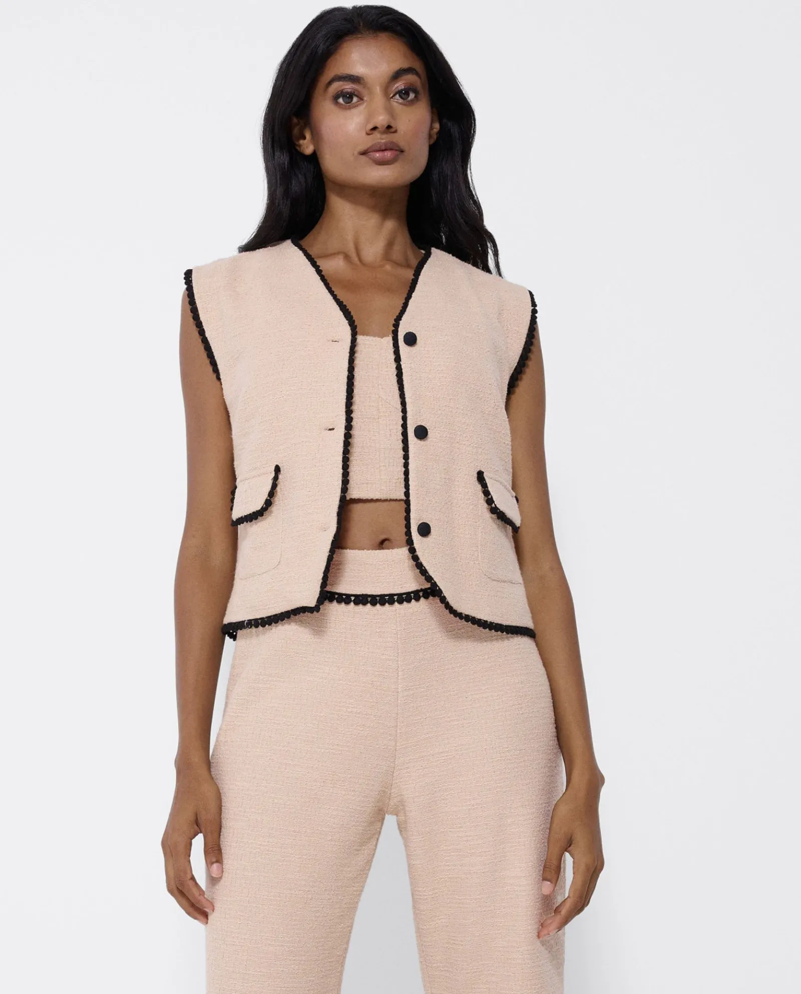 Camisas Y Tops*Cuplé Chaleco Puntilla Tweed Beig