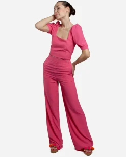 Camisas Y Tops*Cuplé Crop Top Mangas Abullonadas Crep Fucsia