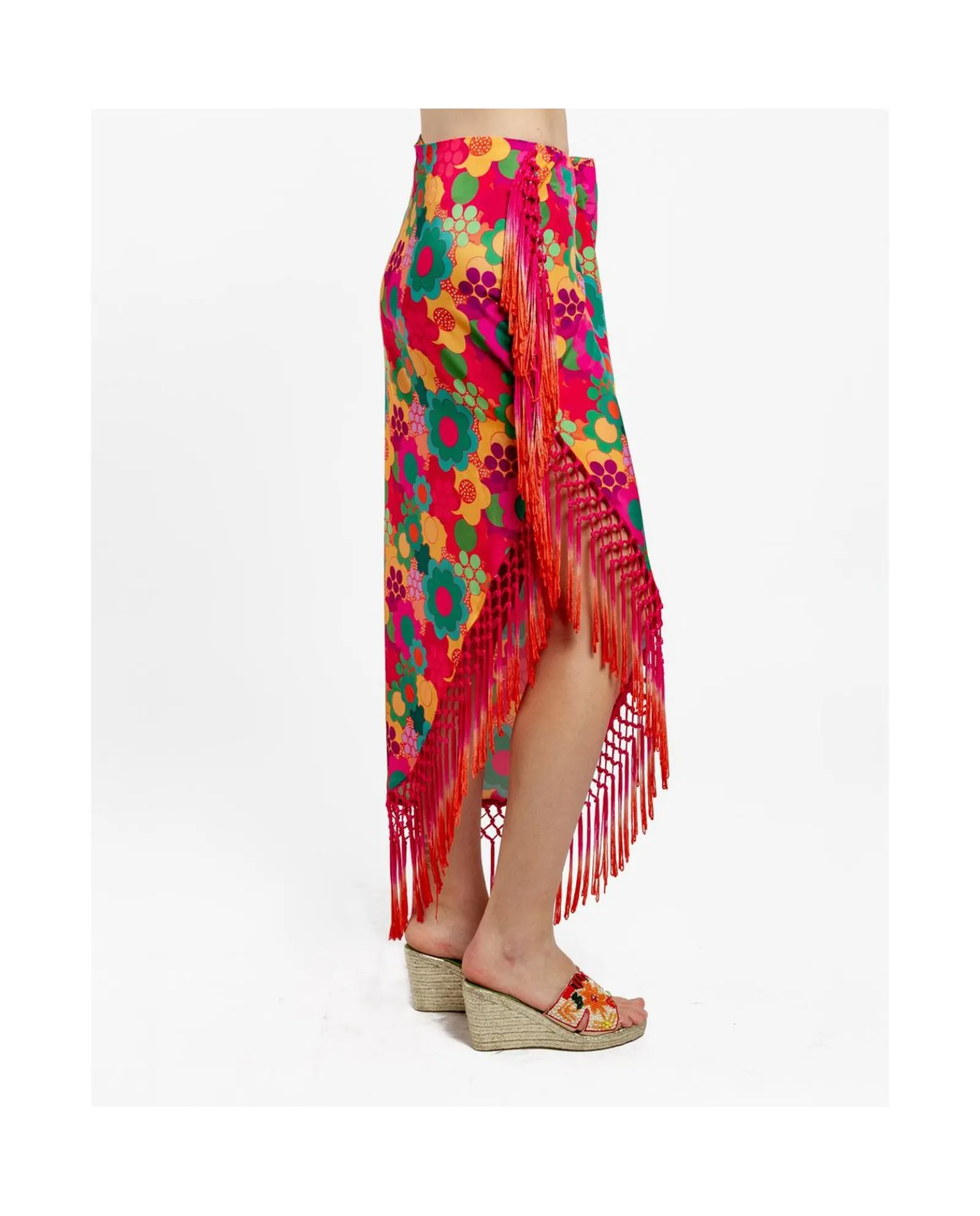 Faldas*Cuplé Falda Pareo Flecos Saten Estampado Flores