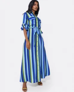 Vestidos*Cuplé Maxivestido Camisero Algodon Rayas Azul