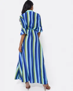 Vestidos*Cuplé Maxivestido Camisero Algodon Rayas Azul