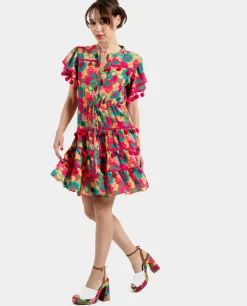 Vestidos*Cuplé Mini Vestido Pompones Saten Estampado Flores