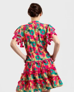 Vestidos*Cuplé Mini Vestido Pompones Saten Estampado Flores