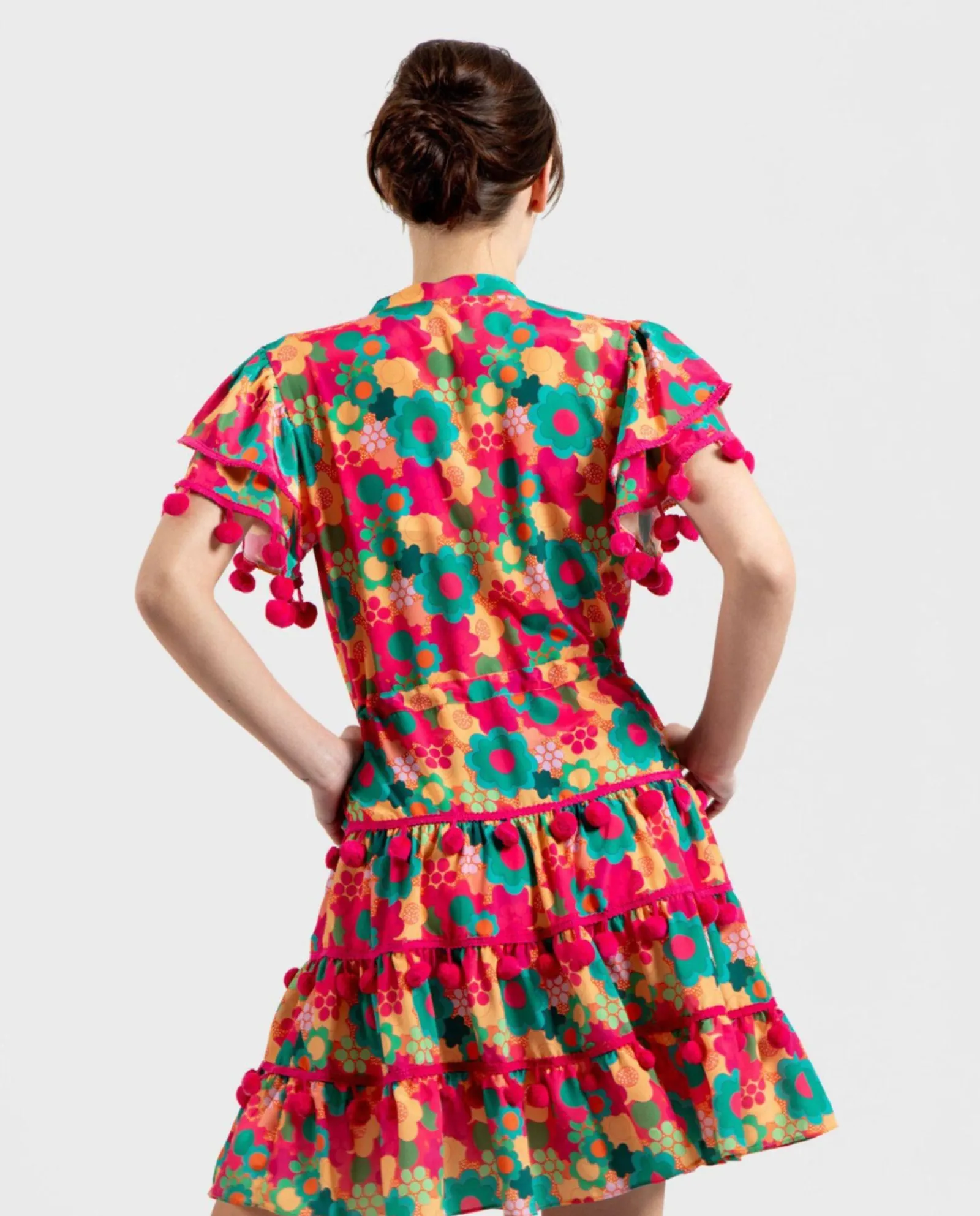 Vestidos*Cuplé Mini Vestido Pompones Saten Estampado Flores