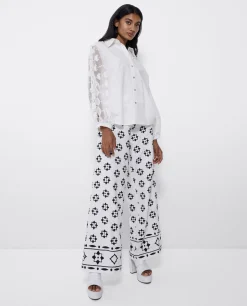 Pantalones*Cuplé Pantalon Bordado Cenefa Algodon Blanco