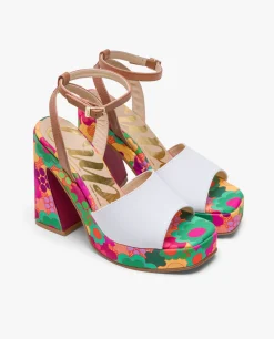 Sandalias*Cuplé Sandalia Flataforma Flores Piel Blanco