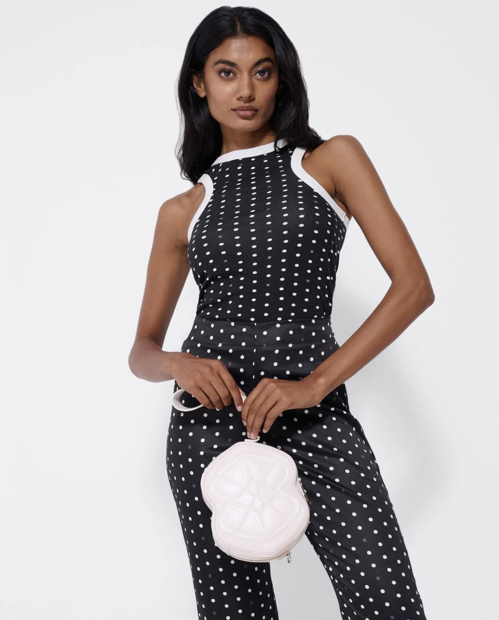 Camisas Y Tops*Cuplé Top Halter Punto Lunares Blanco Negro