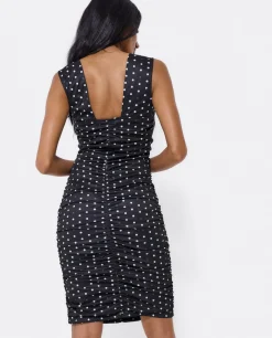 Vestidos*Cuplé Vestido Ajustado Drapeado Punto Lunares Blanco Neg