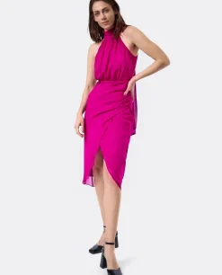 Vestidos*Cuplé Vestido Escote Halter Gasa Fucsia