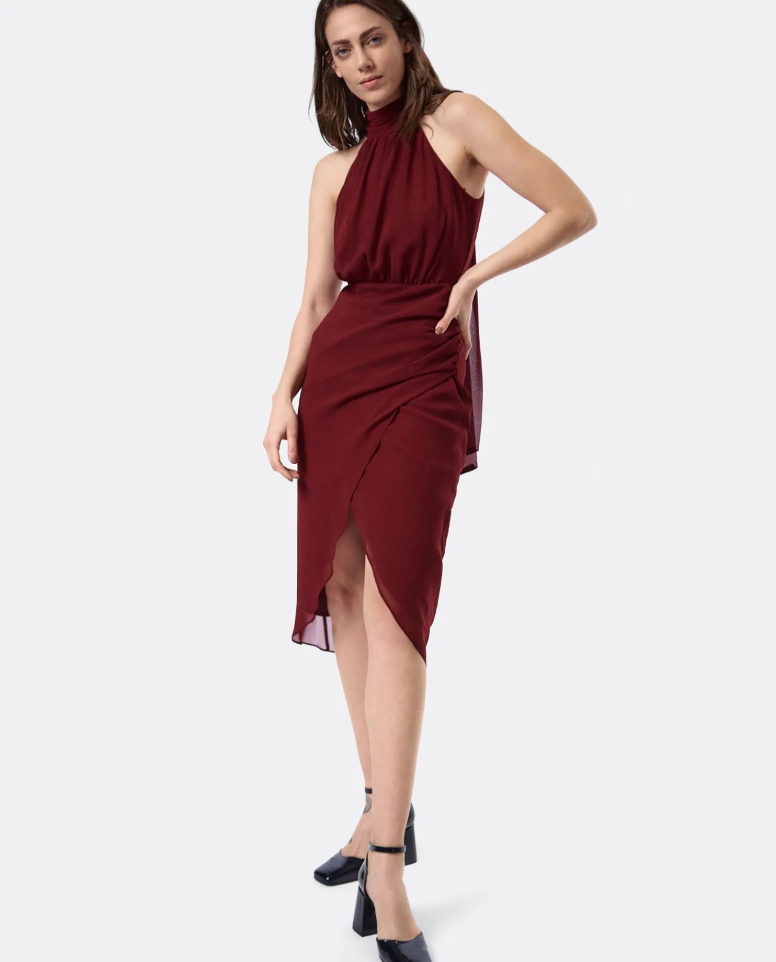 Vestidos*Cuplé Vestido Escote Halter Gasa Burdeos