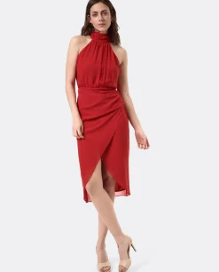 Vestidos*Cuplé Vestido Escote Halter Gasa Rojo
