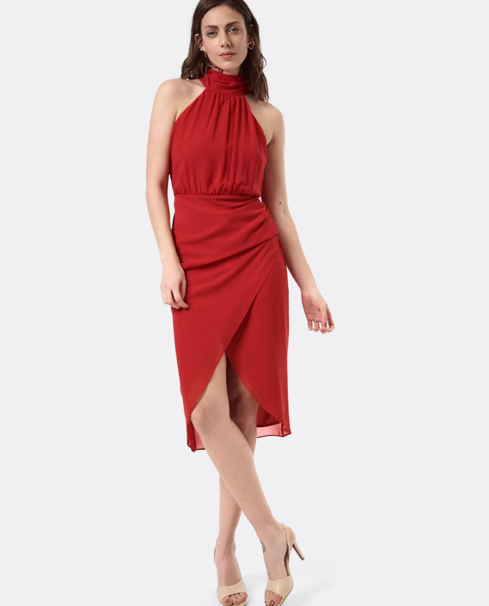 Vestidos*Cuplé Vestido Escote Halter Gasa Rojo