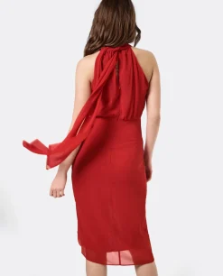 Vestidos*Cuplé Vestido Escote Halter Gasa Rojo