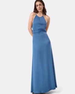 Vestidos*Cuplé Vestido Fiesta Escote Halter Saten Azul Petroleo