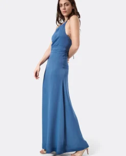 Vestidos*Cuplé Vestido Fiesta Escote Halter Saten Azul Petroleo