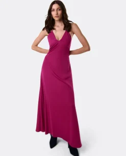 Vestidos*Cuplé Vestido Largo Fiesta Tirantes Saten Fucsia
