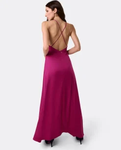 Vestidos*Cuplé Vestido Largo Fiesta Tirantes Saten Fucsia