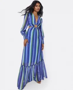Vestidos*Cuplé Vestido Midi Aro Delantero Gasa Rayas Azul