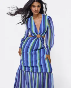 Vestidos*Cuplé Vestido Midi Aro Delantero Gasa Rayas Azul