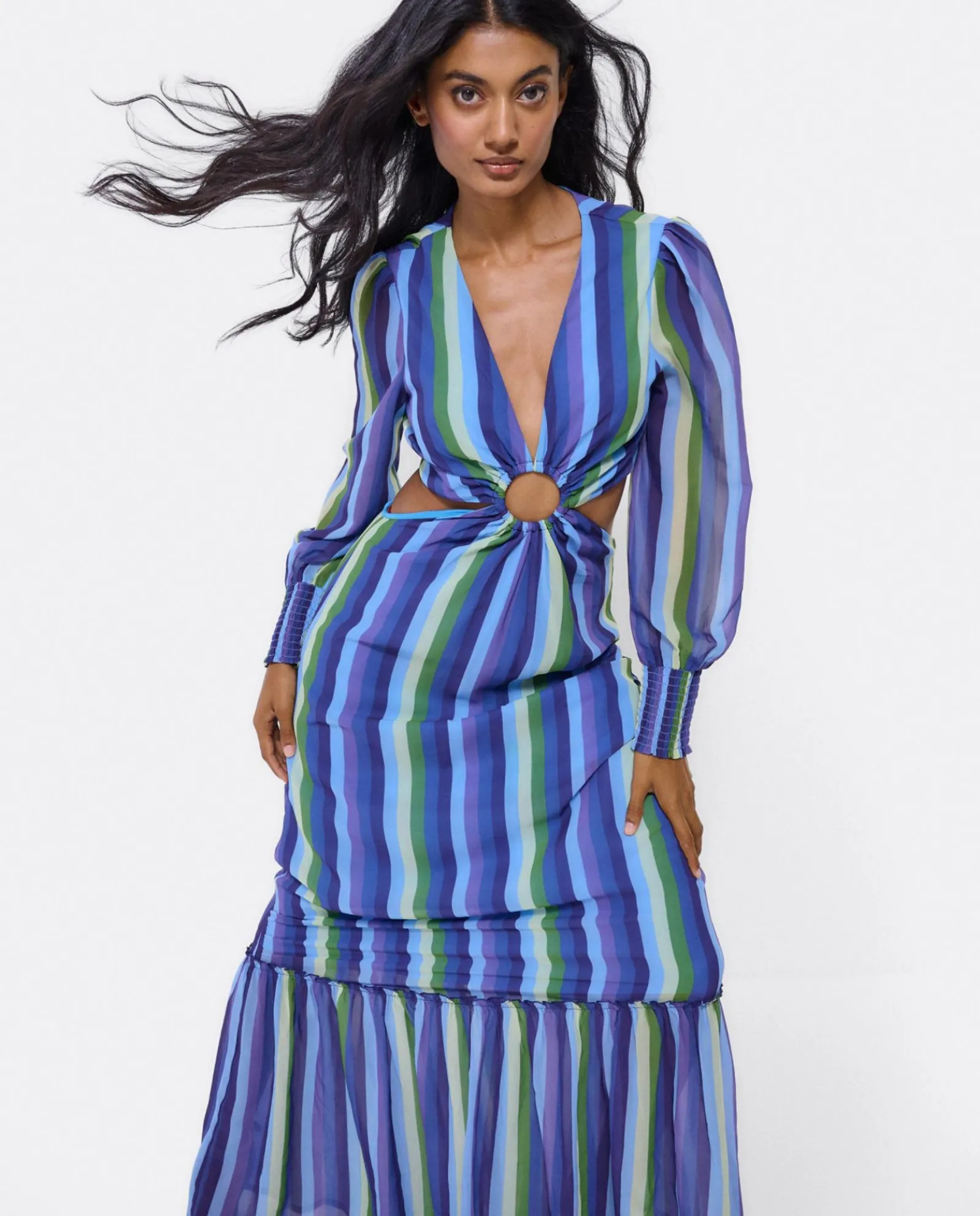 Vestidos*Cuplé Vestido Midi Aro Delantero Gasa Rayas Azul