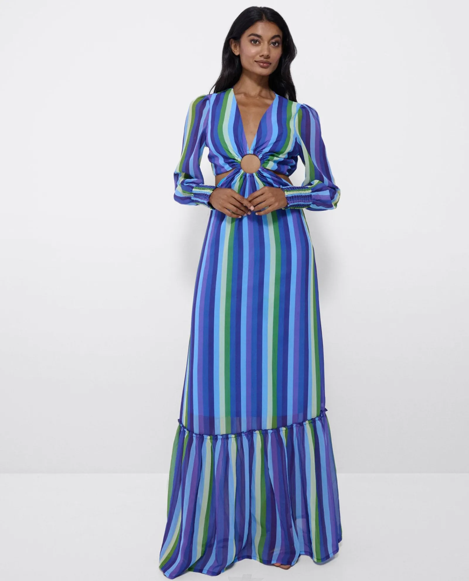 Vestidos*Cuplé Vestido Midi Aro Delantero Gasa Rayas Azul