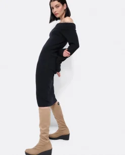 Vestidos*Cuplé Vestido Midi Escote Drapeado Punto Negro