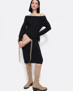 Vestidos*Cuplé Vestido Midi Escote Drapeado Punto Negro