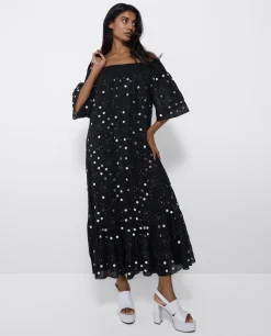 Vestidos*Cuplé Vestido Midi Espejos Algodon Negro